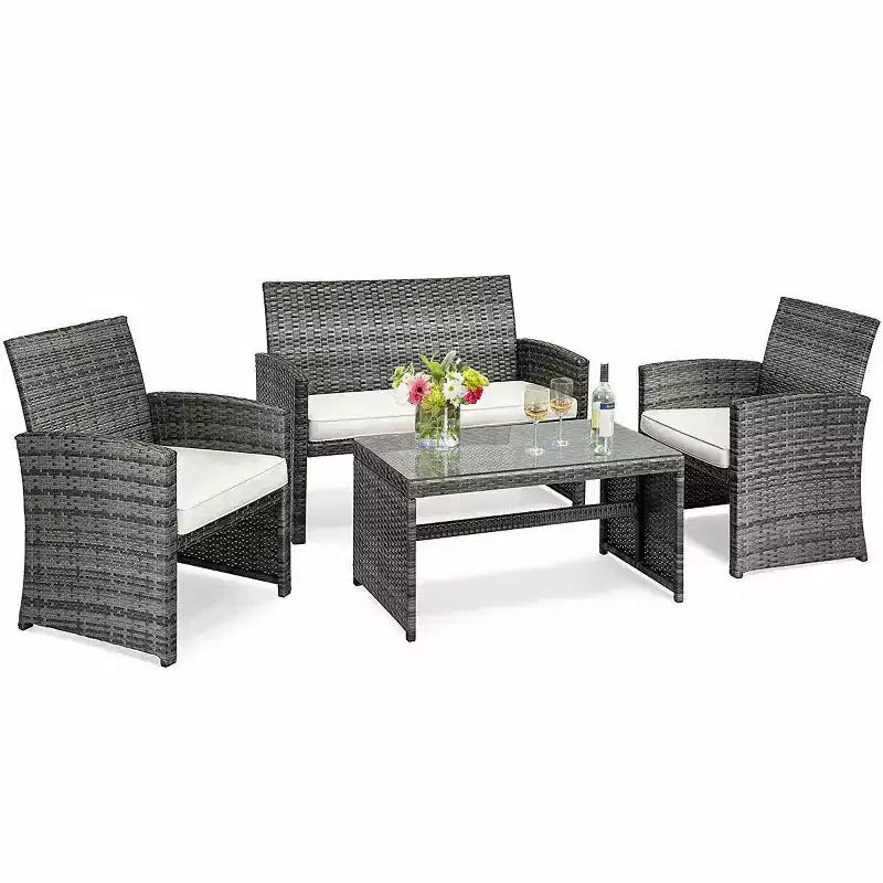 Costway Ensemble de Meubles de Patio en Rotin 4 Pièces Canapé Rembourré avec Table Basse en Verre Blanc