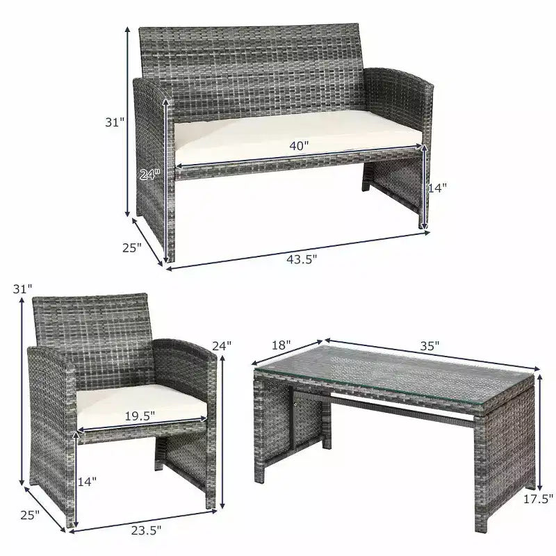 Costway Ensemble de Meubles de Patio en Rotin 4 Pièces Canapé Rembourré avec Table Basse en Verre Blanc