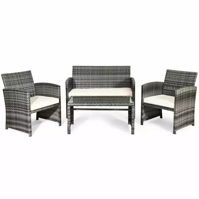 Costway Ensemble de Meubles de Patio en Rotin 4 Pièces Canapé Rembourré avec Table Basse en Verre Blanc