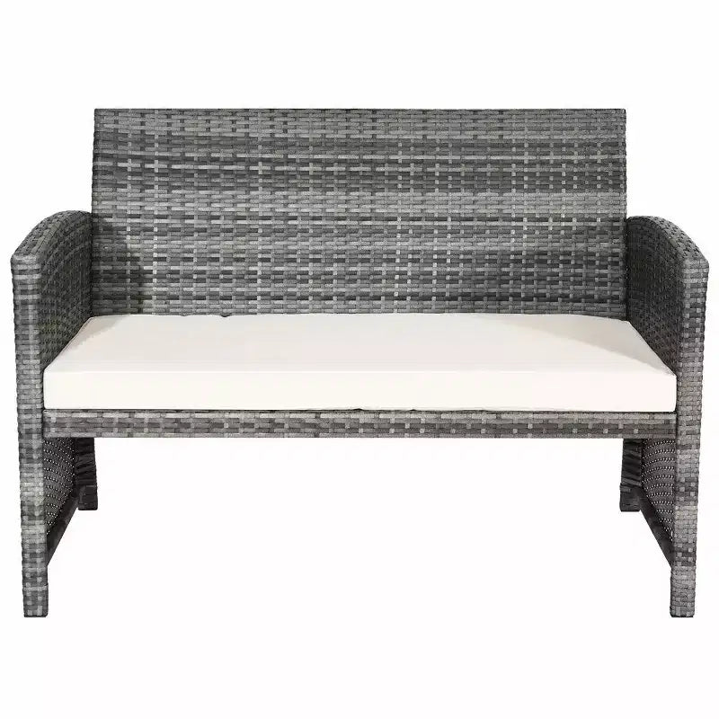 Costway Ensemble de Meubles de Patio en Rotin 4 Pièces Canapé Rembourré avec Table Basse en Verre Blanc