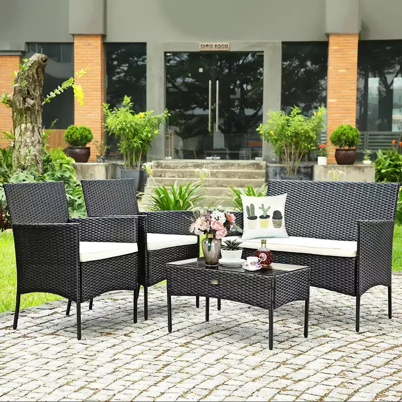 Costway Salon de jardin 4 pièces en rotin tressé pour extérieur