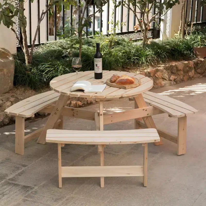 Table de pique-nique ronde en bois pour extérieur Gardenised avec banc, 6 places avec trou pour parasol