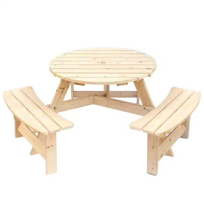 Table de pique-nique ronde en bois pour extérieur Gardenised avec banc, 6 places avec trou pour parasol
