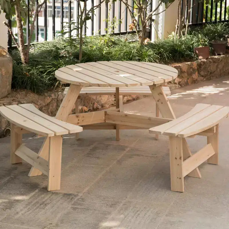 Table de pique-nique ronde en bois pour extérieur Gardenised avec banc, 6 places avec trou pour parasol