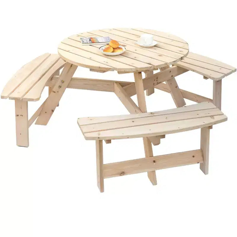 Table de pique-nique ronde en bois pour extérieur Gardenised avec banc, 6 places avec trou pour parasol