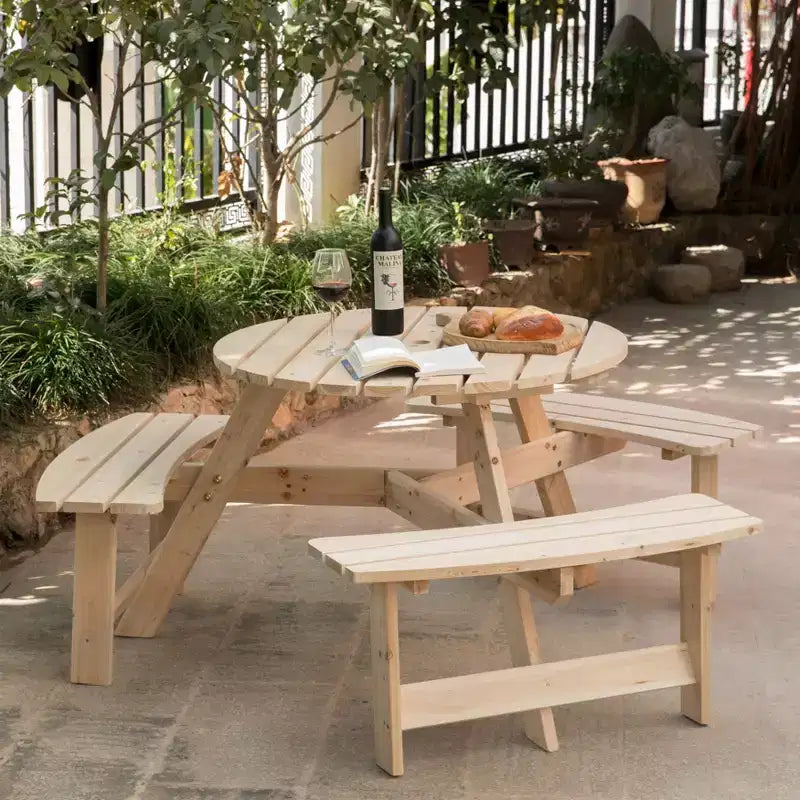 Table de pique-nique ronde en bois pour extérieur Gardenised avec banc, 6 places avec trou pour parasol