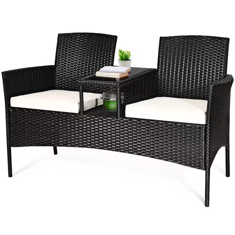 Costway Salon de jardin en rotin, canapé rembourré, table basse en verre, chaises