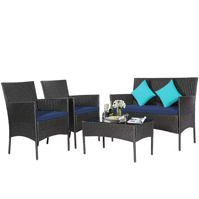 Ensemble de mobilier de jardin en rotin Costway 4 pièces avec coussins, canapé et table basse, pour jardin, turquoise/rouge/blanc/gris/marine
