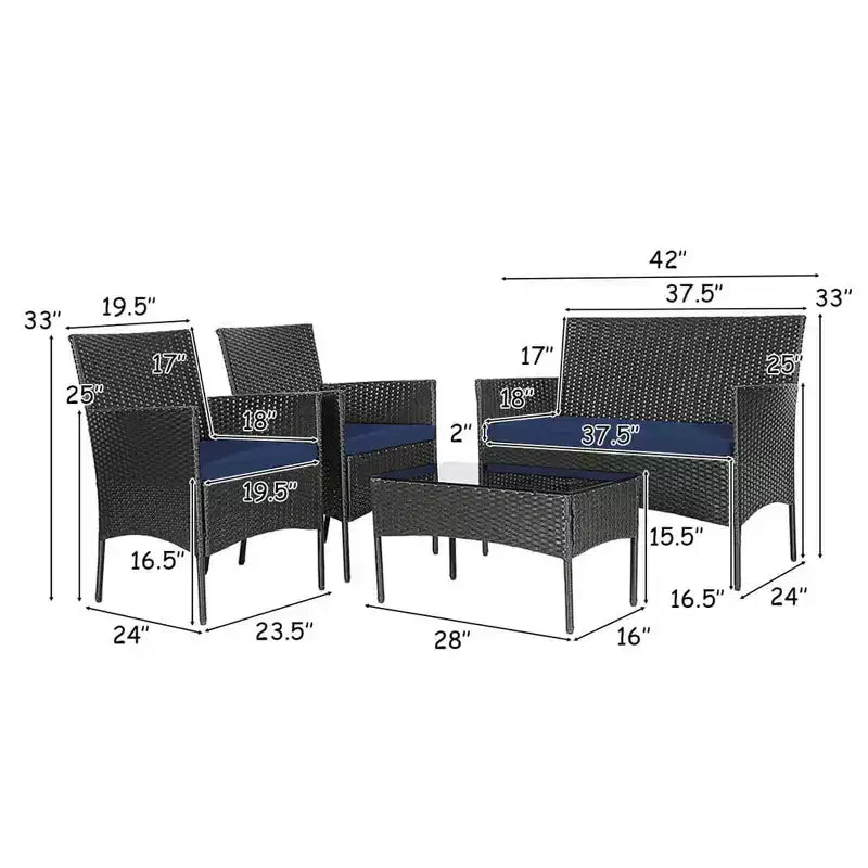 Ensemble de mobilier de jardin en rotin Costway 4 pièces avec coussins, canapé et table basse, pour jardin, turquoise/rouge/blanc/gris/marine