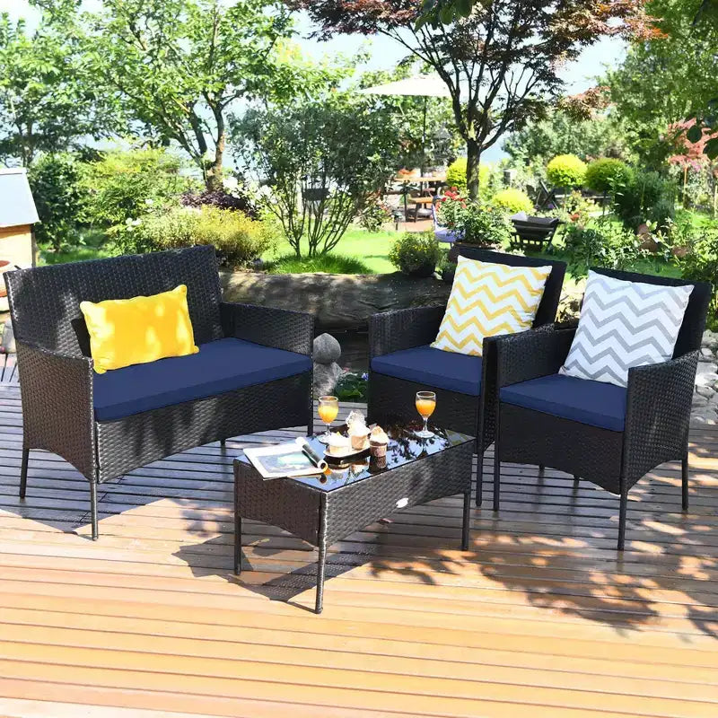 Ensemble de mobilier de jardin en rotin Costway 4 pièces avec coussins, canapé et table basse, pour jardin, turquoise/rouge/blanc/gris/marine