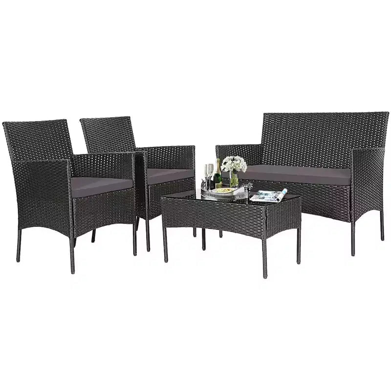 Ensemble de mobilier de jardin en rotin Costway 4 pièces avec coussins, canapé et table basse, pour jardin, turquoise/rouge/blanc/gris/marine