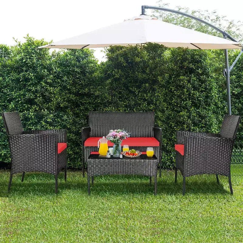 Ensemble de mobilier de jardin en rotin Costway 4 pièces avec coussins, canapé et table basse, pour jardin, turquoise/rouge/blanc/gris/marine