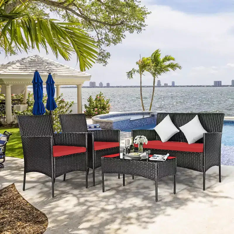Ensemble de mobilier de jardin en rotin Costway 4 pièces avec coussins, canapé et table basse, pour jardin, turquoise/rouge/blanc/gris/marine