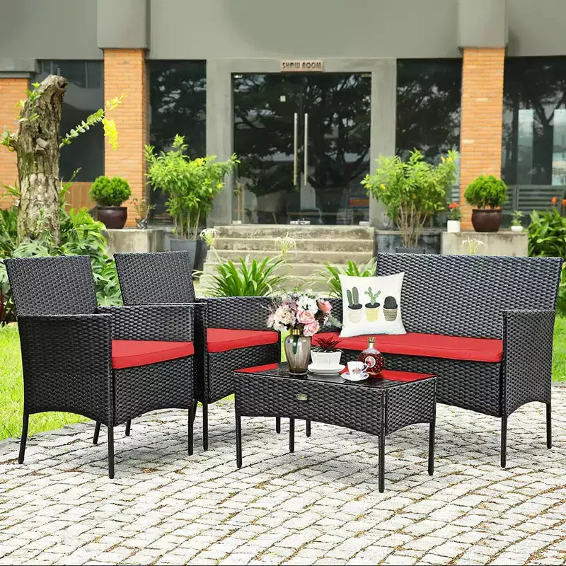 Ensemble de mobilier de jardin en rotin Costway 4 pièces avec coussins, canapé et table basse, pour jardin, turquoise/rouge/blanc/gris/marine