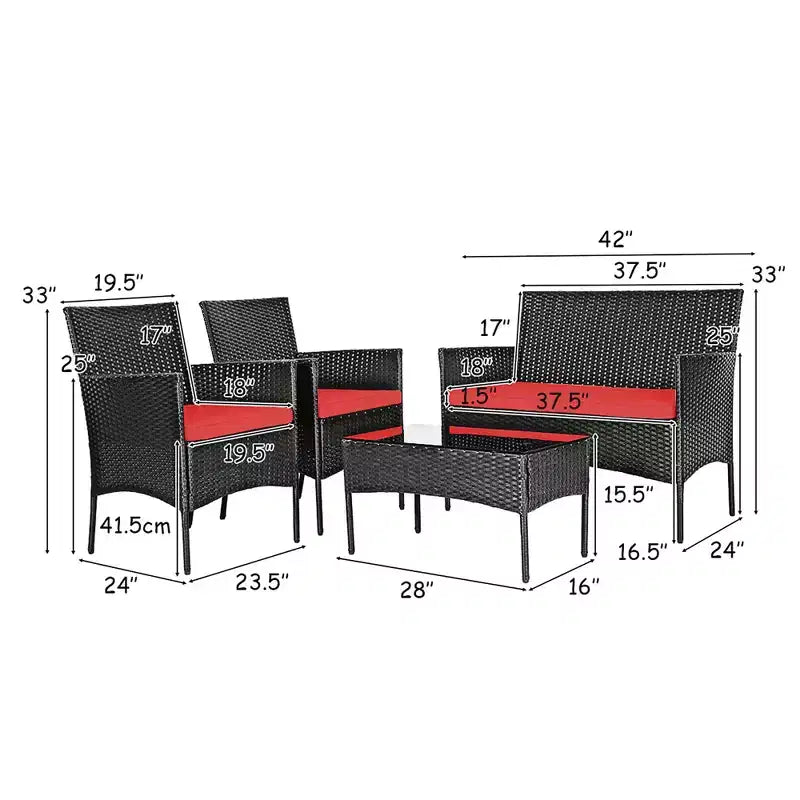 Ensemble de mobilier de jardin en rotin Costway 4 pièces avec coussins, canapé et table basse, pour jardin, turquoise/rouge/blanc/gris/marine