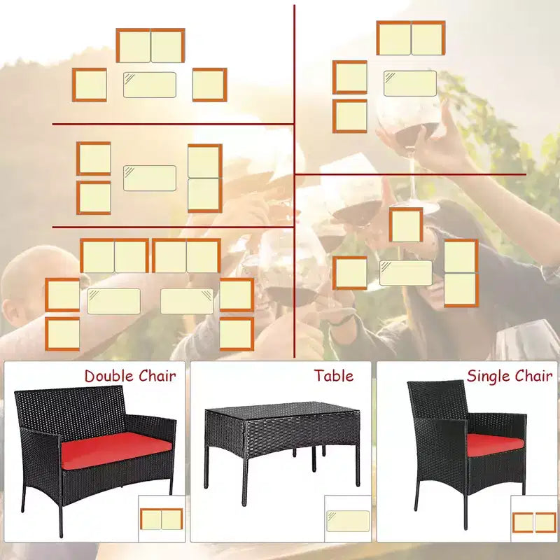 Ensemble de mobilier de jardin en rotin Costway 4 pièces avec coussins, canapé et table basse, pour jardin, turquoise/rouge/blanc/gris/marine
