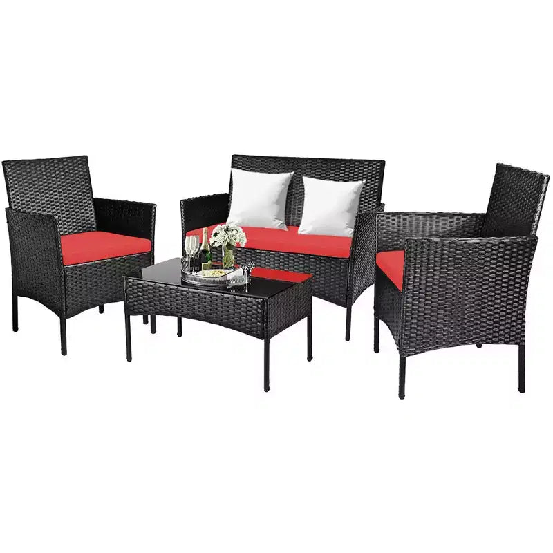 Ensemble de mobilier de jardin en rotin Costway 4 pièces avec coussins, canapé et table basse, pour jardin, turquoise/rouge/blanc/gris/marine
