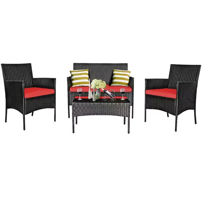 Ensemble de mobilier de jardin en rotin Costway 4 pièces avec coussins, canapé et table basse, pour jardin, turquoise/rouge/blanc/gris/marine