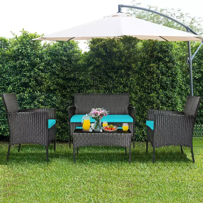 Ensemble de mobilier de jardin en rotin Costway 4 pièces avec coussins, canapé et table basse, pour jardin, turquoise/rouge/blanc/gris/marine