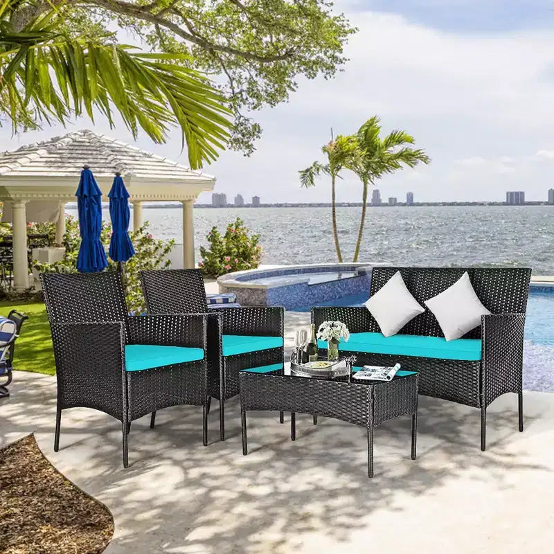 Ensemble de mobilier de jardin en rotin Costway 4 pièces avec coussins, canapé et table basse, pour jardin, turquoise/rouge/blanc/gris/marine