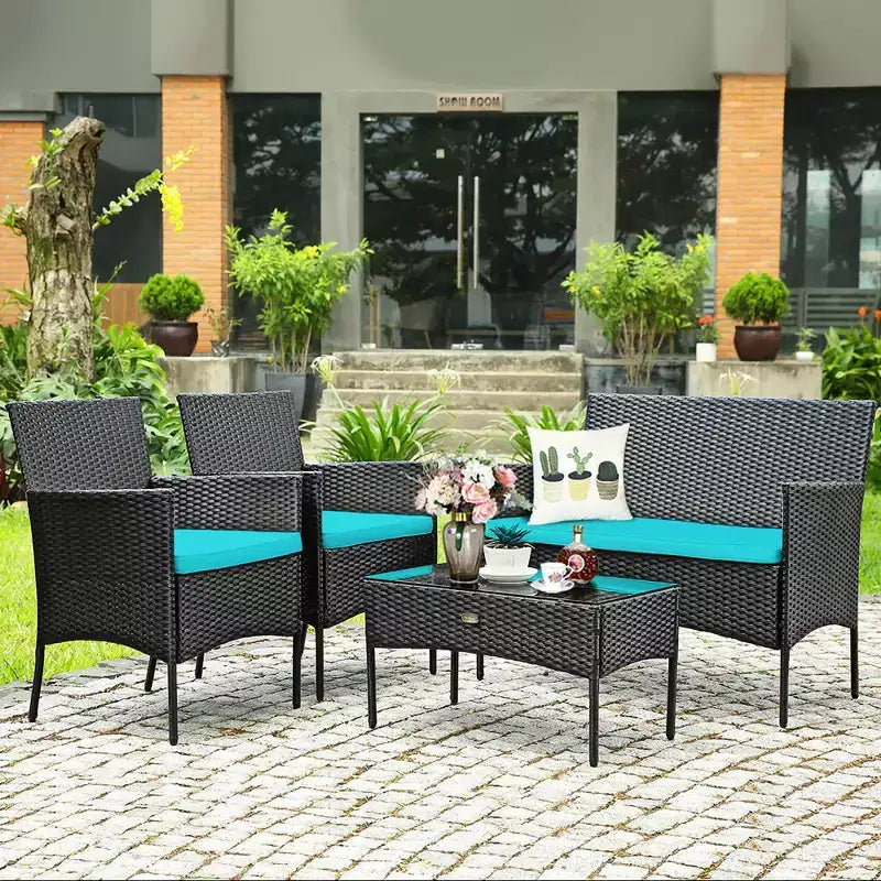 Ensemble de mobilier de jardin en rotin Costway 4 pièces avec coussins, canapé et table basse, pour jardin, turquoise/rouge/blanc/gris/marine