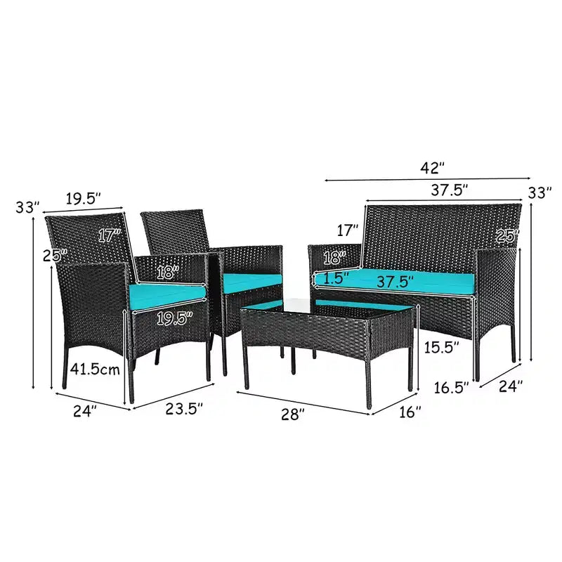 Ensemble de mobilier de jardin en rotin Costway 4 pièces avec coussins, canapé et table basse, pour jardin, turquoise/rouge/blanc/gris/marine