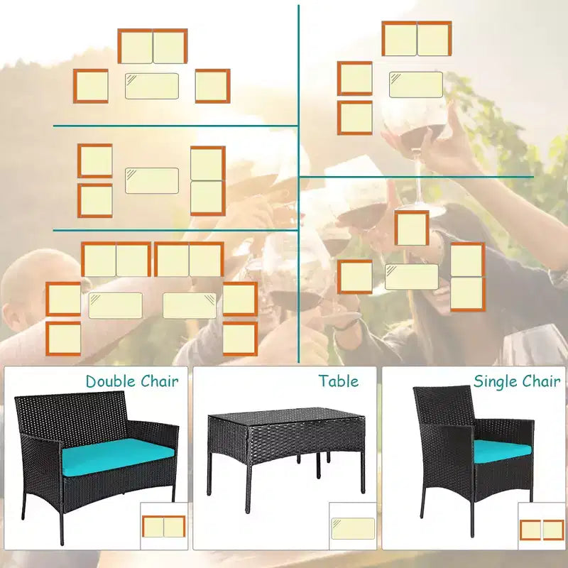 Ensemble de mobilier de jardin en rotin Costway 4 pièces avec coussins, canapé et table basse, pour jardin, turquoise/rouge/blanc/gris/marine