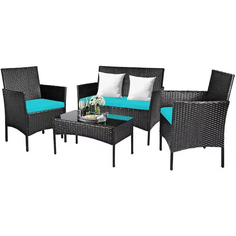 Ensemble de mobilier de jardin en rotin Costway 4 pièces avec coussins, canapé et table basse, pour jardin, turquoise/rouge/blanc/gris/marine