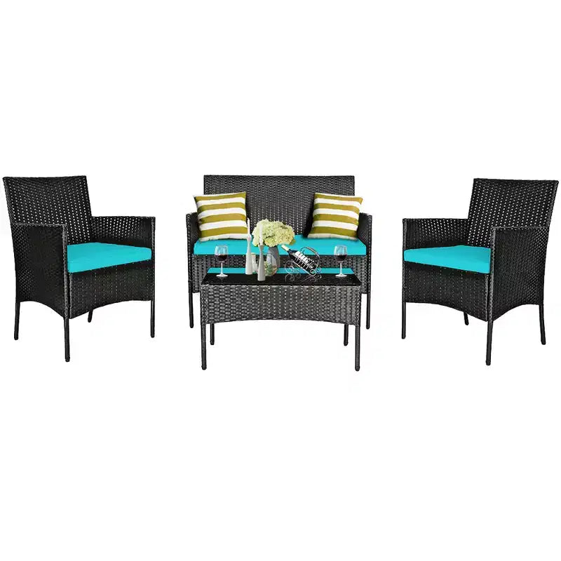 Ensemble de mobilier de jardin en rotin Costway 4 pièces avec coussins, canapé et table basse, pour jardin, turquoise/rouge/blanc/gris/marine