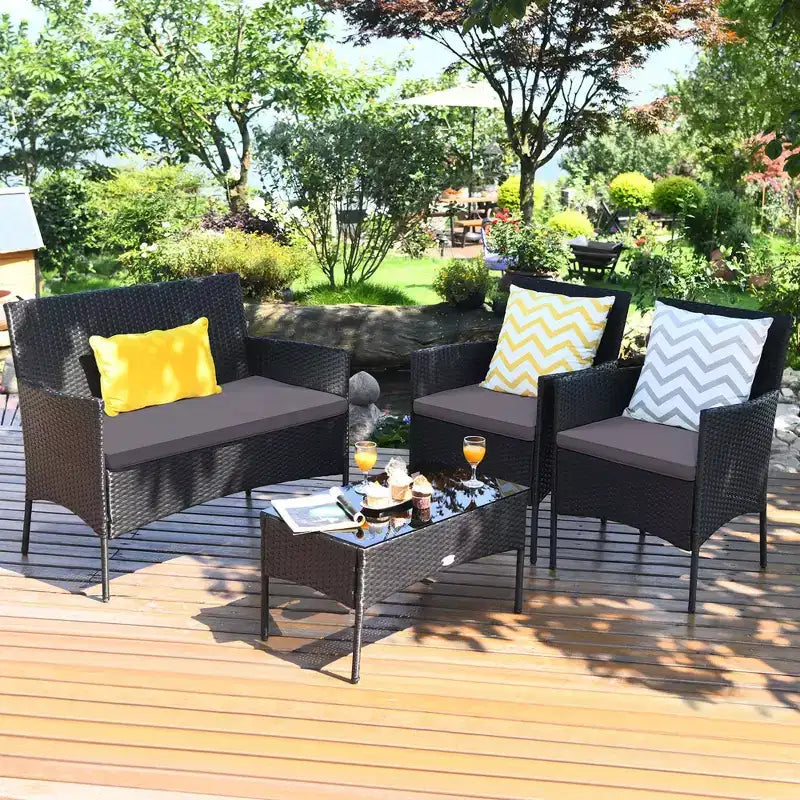 Ensemble de mobilier de jardin en rotin Costway 4 pièces avec coussins, canapé et table basse, pour jardin, turquoise/rouge/blanc/gris/marine
