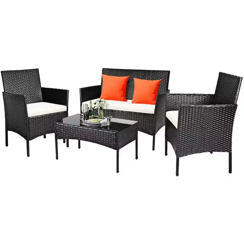 Ensemble de mobilier de jardin en rotin Costway 4 pièces avec coussins, canapé et table basse, pour jardin, turquoise/rouge/blanc/gris/marine