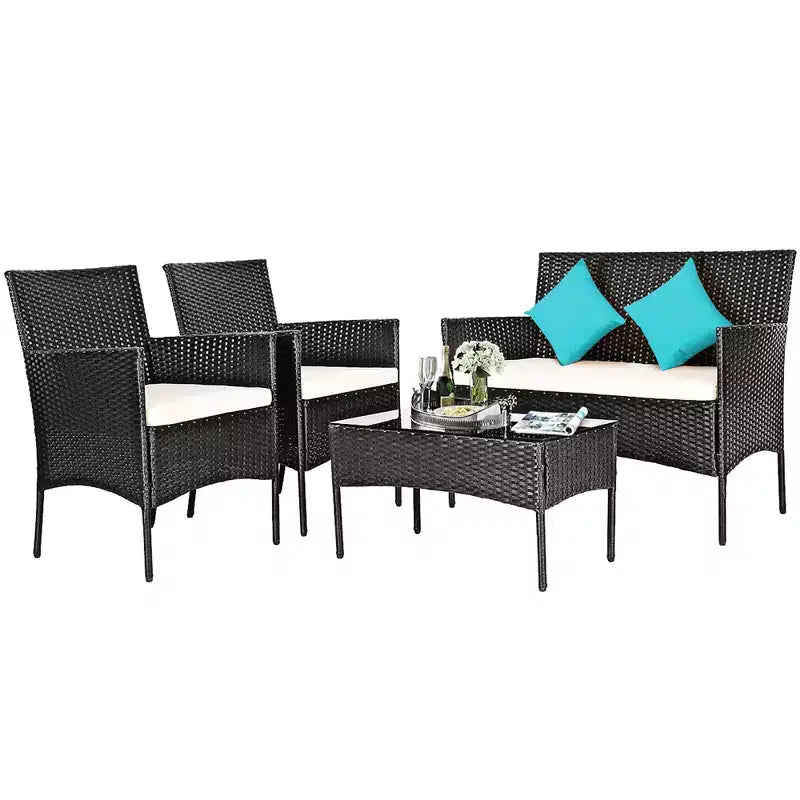 Ensemble de mobilier de jardin en rotin Costway 4 pièces avec coussins, canapé et table basse, pour jardin, turquoise/rouge/blanc/gris/marine
