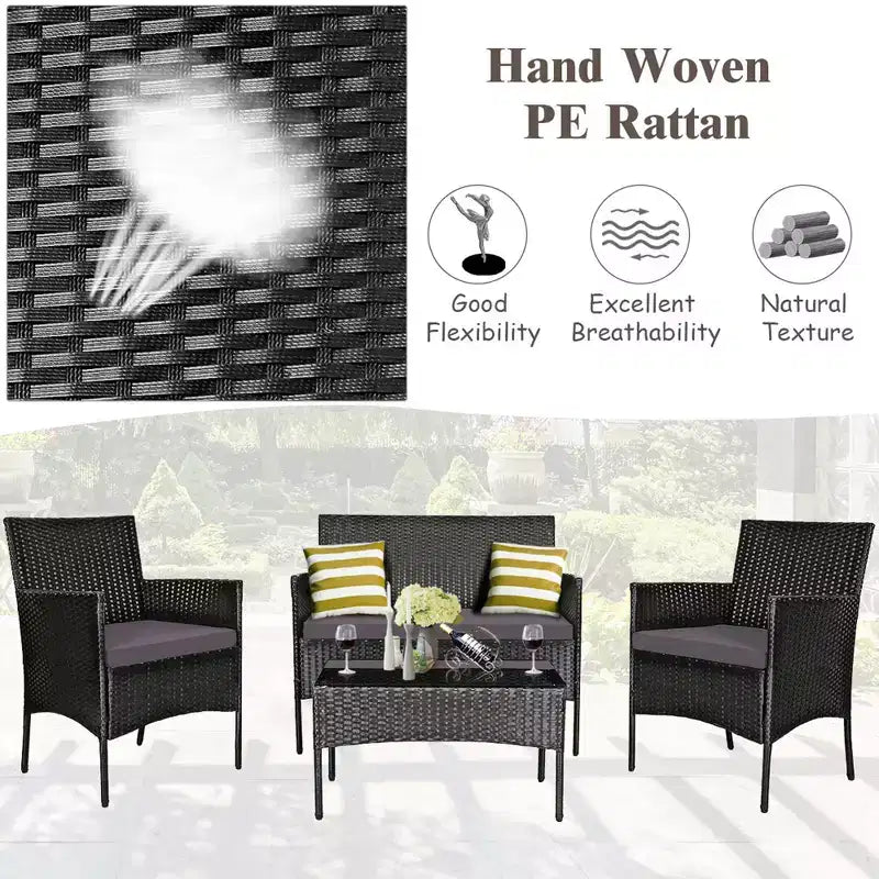 Ensemble de mobilier de jardin en rotin Costway 4 pièces avec coussins, canapé et table basse, pour jardin, turquoise/rouge/blanc/gris/marine