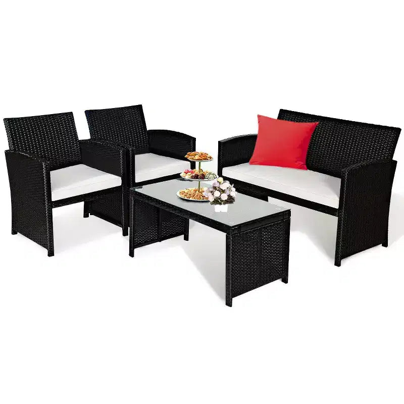 Costway Salon de Jardin 4 Pièces en Rotin avec Coussins Canapé Table