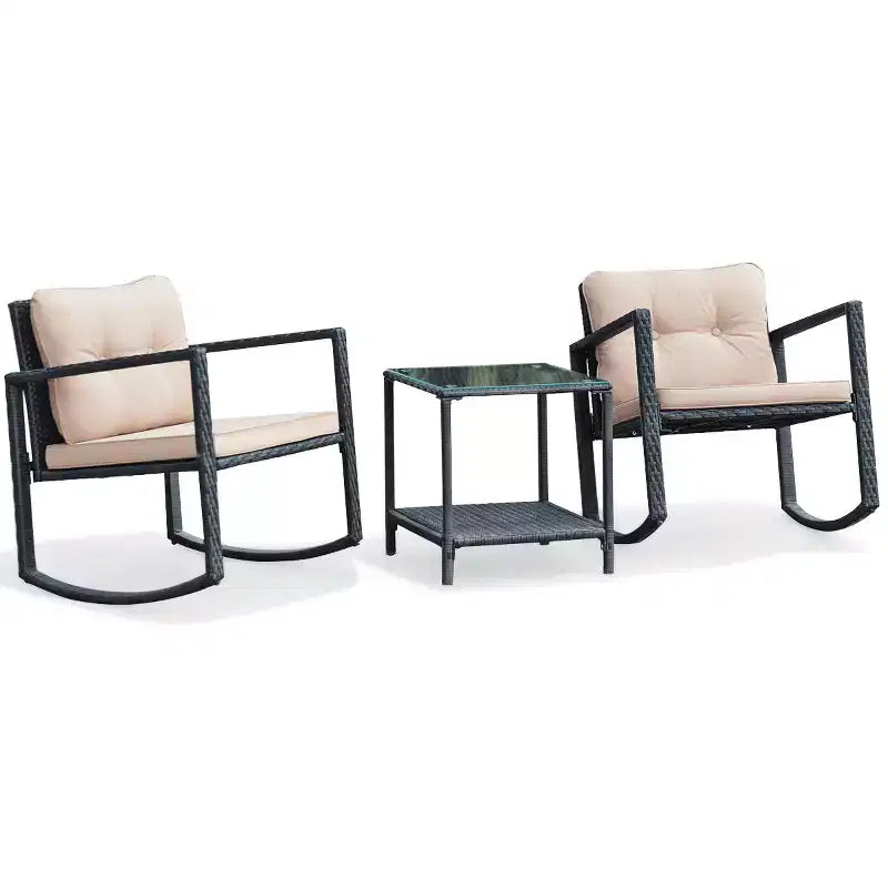 Costway Ensemble de Conversation 3 Pièces en Rotin pour Patio, Fauteuil à Bascule, Canapé Coussins, Meubles de Jardin