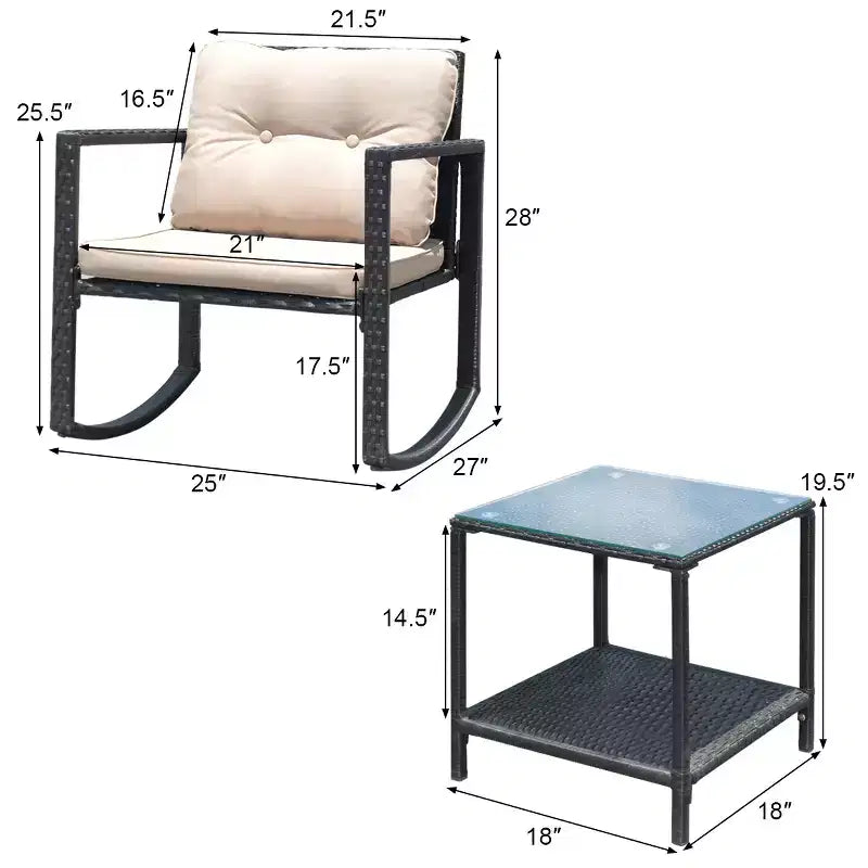 Costway Ensemble de Conversation 3 Pièces en Rotin pour Patio, Fauteuil à Bascule, Canapé Coussins, Meubles de Jardin