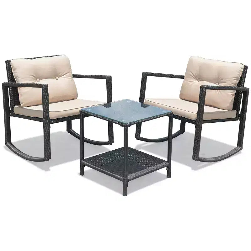 Costway Ensemble de Conversation 3 Pièces en Rotin pour Patio, Fauteuil à Bascule, Canapé Coussins, Meubles de Jardin