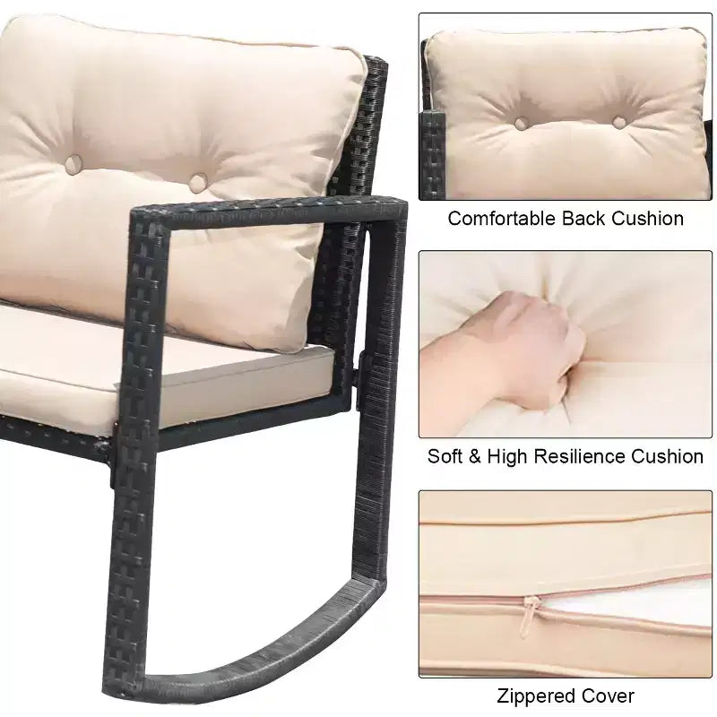 Costway Ensemble de Conversation 3 Pièces en Rotin pour Patio, Fauteuil à Bascule, Canapé Coussins, Meubles de Jardin