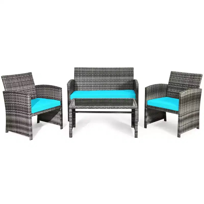 Costway Salon de Jardin 4 Pièces en Rotin, Ensemble de Conversation avec Table en Verre et Coussins Turquoise/Rouge/Gris/Beige/Marine/Noir