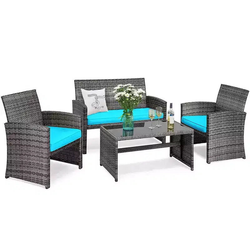 Costway Salon de Jardin 4 Pièces en Rotin, Ensemble de Conversation avec Table en Verre et Coussins Turquoise/Rouge/Gris/Beige/Marine/Noir