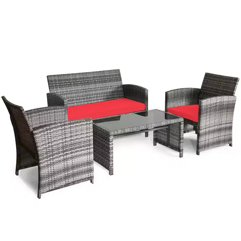 Costway Salon de Jardin 4 Pièces en Rotin, Ensemble de Conversation avec Table en Verre et Coussins Turquoise/Rouge/Gris/Beige/Marine/Noir