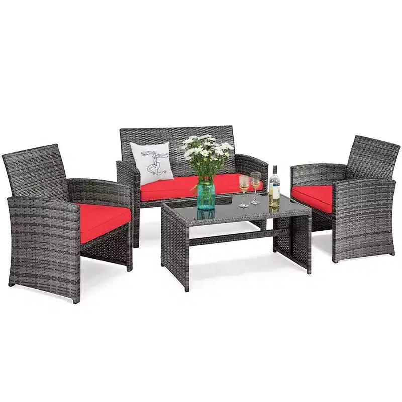 Costway Salon de Jardin 4 Pièces en Rotin, Ensemble de Conversation avec Table en Verre et Coussins Turquoise/Rouge/Gris/Beige/Marine/Noir