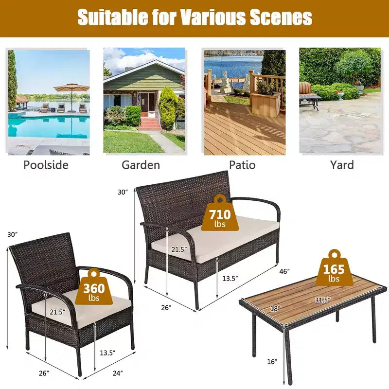 Ensemble de mobilier de patio Costway 4 pièces en rotin, ensemble de conversation extérieur avec table basse et coussins