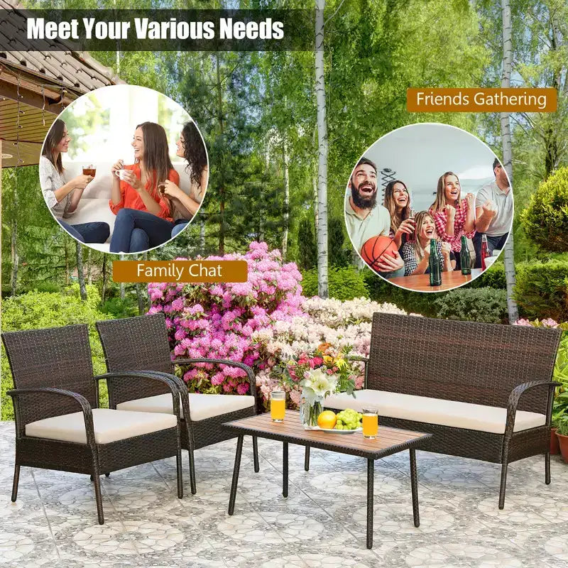 Ensemble de mobilier de patio Costway 4 pièces en rotin, ensemble de conversation extérieur avec table basse et coussins