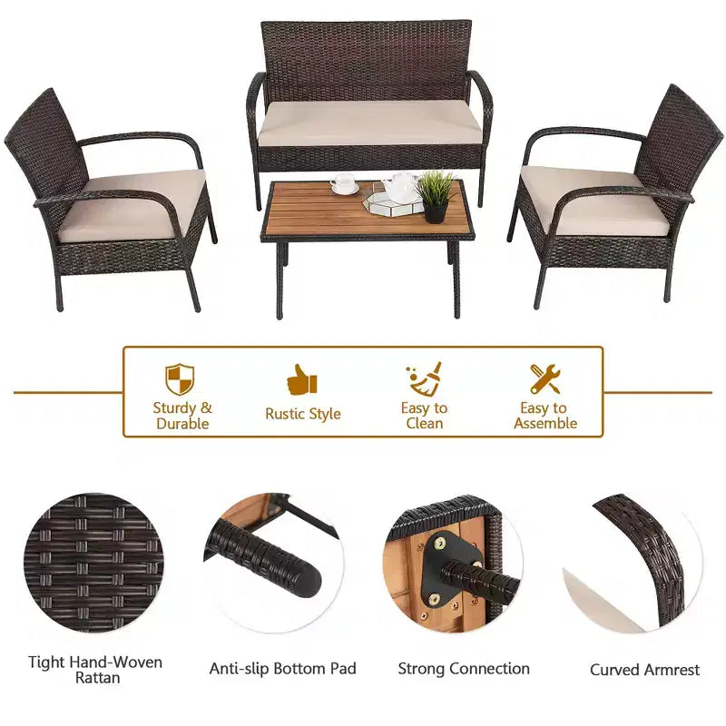 Ensemble de mobilier de patio Costway 4 pièces en rotin, ensemble de conversation extérieur avec table basse et coussins