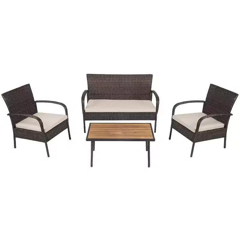 Ensemble de mobilier de patio Costway 4 pièces en rotin, ensemble de conversation extérieur avec table basse et coussins
