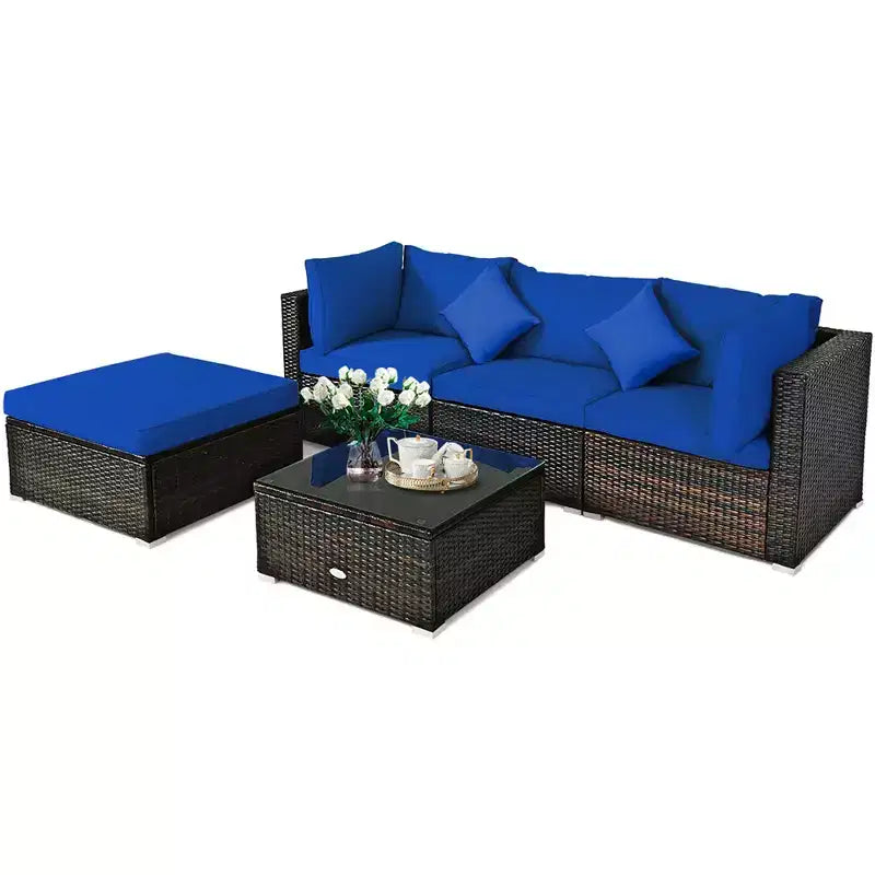 Costway Ensemble de Meubles de Jardin en Rotin de 5 Pièces, Salon Modulable, Coussins Turquoise/Bleu Marine/Noir