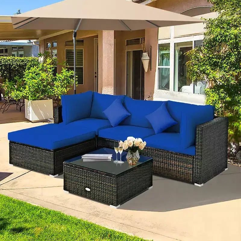 Costway Ensemble de Meubles de Jardin en Rotin de 5 Pièces, Salon Modulable, Coussins Turquoise/Bleu Marine/Noir