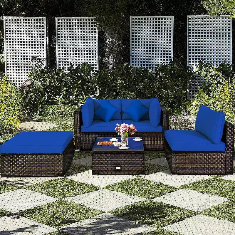 Costway Ensemble de Meubles de Jardin en Rotin de 5 Pièces, Salon Modulable, Coussins Turquoise/Bleu Marine/Noir