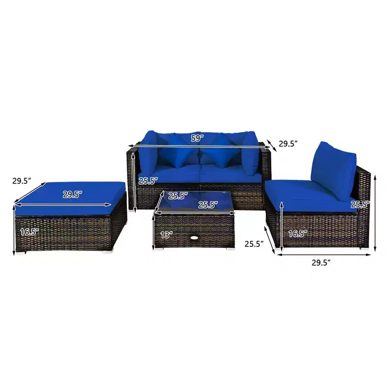 Costway Ensemble de Meubles de Jardin en Rotin de 5 Pièces, Salon Modulable, Coussins Turquoise/Bleu Marine/Noir